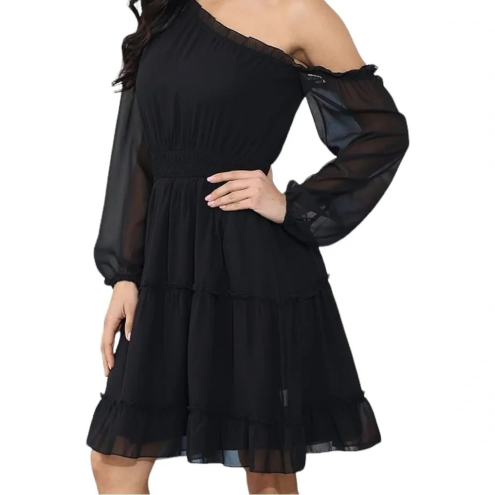 Women's One Shoulder Floral Dress Smocked Waist Tiered Mini Dress